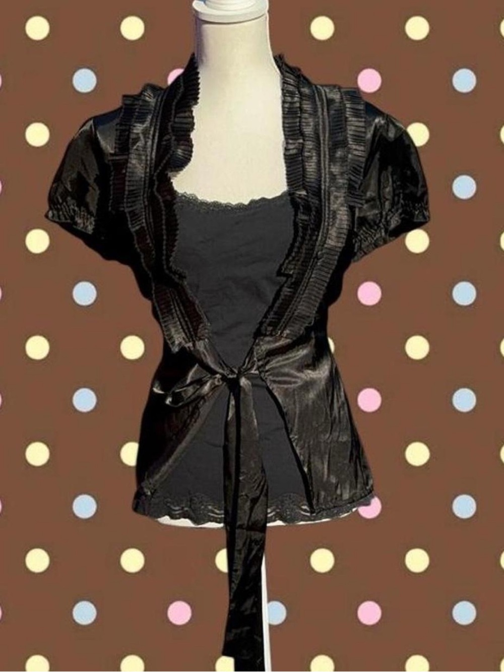 Satin Ruffled Tie-Front Black Women's Top